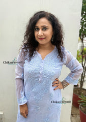 Mannat Mul Chanderi Chikankari Kurti - Powder Blue