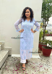 Mannat Mul Chanderi Chikankari Kurti - Powder Blue