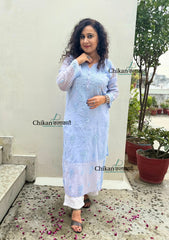 Mannat Mul Chanderi Chikankari Kurti - Powder Blue