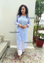 Mannat Mul Chanderi Chikankari Kurti - Powder Blue