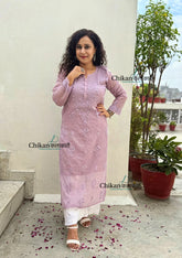 Mannat Mul Chanderi Chikankari Kurti - Purple