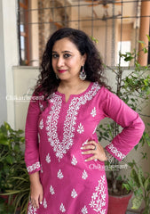 Meera Cotton Chikankari Kurti - Mulberry Pink