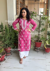 Meera Cotton Chikankari Kurti - Mulberry Pink