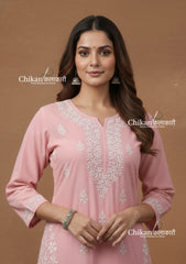 Meera Cotton Chikankari Kurti - Light Pink