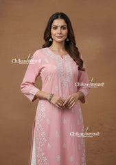Meera Cotton Chikankari Kurti - Light Pink