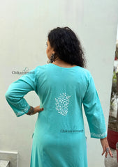 Meera Cotton Chikankari Kurti - Turquoise blue