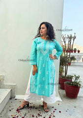 Meera Cotton Chikankari Kurti - Turquoise blue