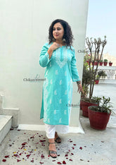 Meera Cotton Chikankari Kurti - Turquoise blue