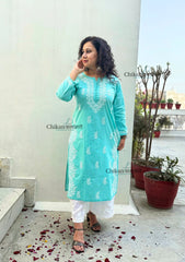 Meera Cotton Chikankari Kurti - Turquoise blue