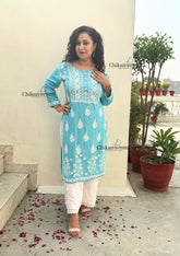 Meher Rayon Chikankari Kurti - Blue