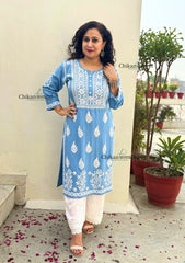 Meher Rayon Chikankari Kurti - Powder Blue