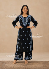 Mihika Rayon Black Chikankari Kurti Set - Blue