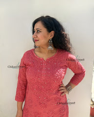 Naaz Viscose Chikankari Kurti With Mukaish work - Rust