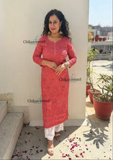 Naaz Viscose Chikankari Kurti With Mukaish work - Rust