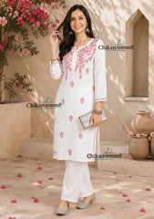 Navya White Rayon Chikankari Kurti - Pink