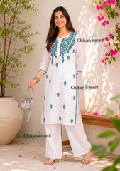 Navya White Rayon Chikankari Kurti - Teal Green
