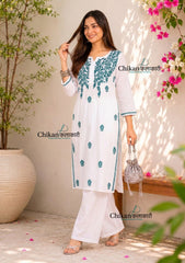 Navya White Rayon Chikankari Kurti - Teal Green