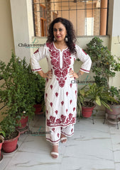 Nitya White Cotton Chikankari Kurti Set - Maroon