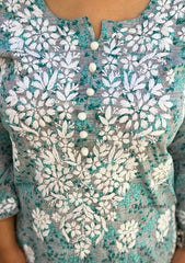 Palak Grey Mulmul Chikankari kurti