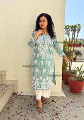 Palak Grey Mulmul Chikankari kurti