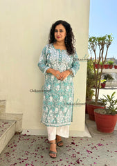 Palak Grey Mulmul Chikankari kurti