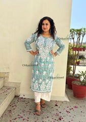Palak Grey Mulmul Chikankari kurti