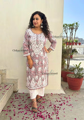 Palak Grey Mulmul Chikankari kurti