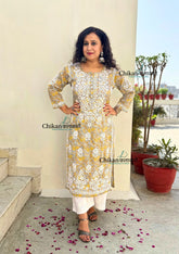 Palak Grey/Yellow Mulmul Chikankari kurti
