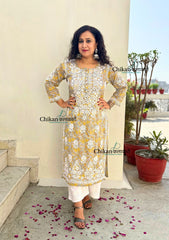 Palak Grey/Yellow Mulmul Chikankari kurti