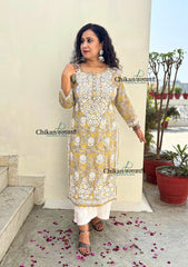 Palak Grey/Yellow Mulmul Chikankari kurti