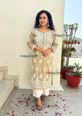 Palak Grey/Yellow Mulmul Chikankari kurti