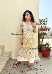 Palak Grey/Yellow Mulmul Chikankari kurti