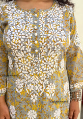 Palak Grey/Yellow Mulmul Chikankari kurti