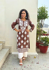 Pankhudi Modal Chikankari Kurti - Brown