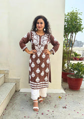 Pankhudi Modal Chikankari Kurti - Brown