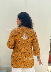 Pari Mul Cotton Short Chikankari Kurti - Mustard