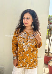 Pari Mul Cotton Short Chikankari Kurti - Mustard