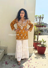 Pari Mul Cotton Short Chikankari Kurti - Mustard