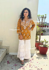 Pari Mul Cotton Short Chikankari Kurti - Mustard