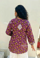 Pari Mul Cotton Short Chikankari Kurti - Purple