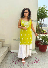 Reeba Short Rayon Chikankari Kurti - Green