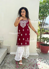 Reeba Short Rayon Chikankari Kurti - Maroon