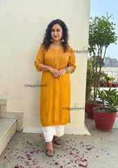 Rida Muslin Chikankari Kurti - Mustard Yellow