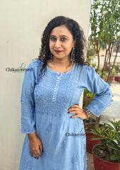Rida Muslin Chikankari Kurti - Powder Blue