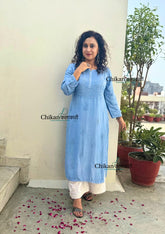 Rida Muslin Chikankari Kurti - Powder Blue