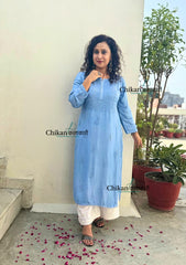 Rida Muslin Chikankari Kurti - Powder Blue