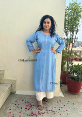 Rida Muslin Chikankari Kurti - Powder Blue