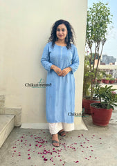 Rida Muslin Chikankari Kurti - Powder Blue
