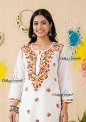 Roshni Cotton White Multi Chikankari Kurti