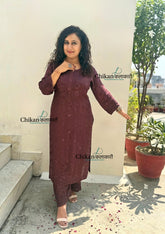 Saawariya Muslin Chikankari Kurti Set - Brown